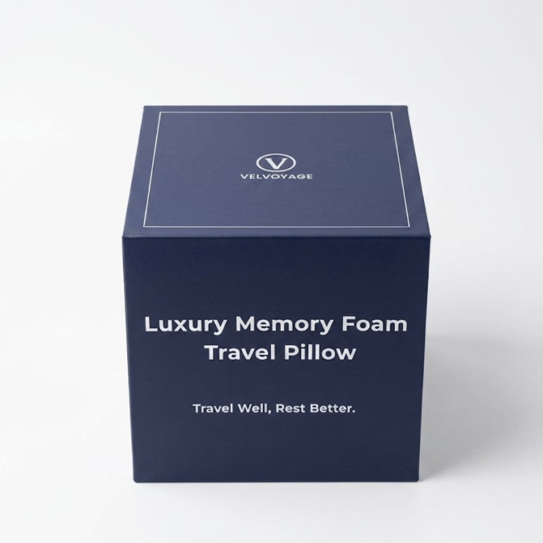 Blue box packaging for a luxury memory foam travel pillow with Velv Voyage branding.