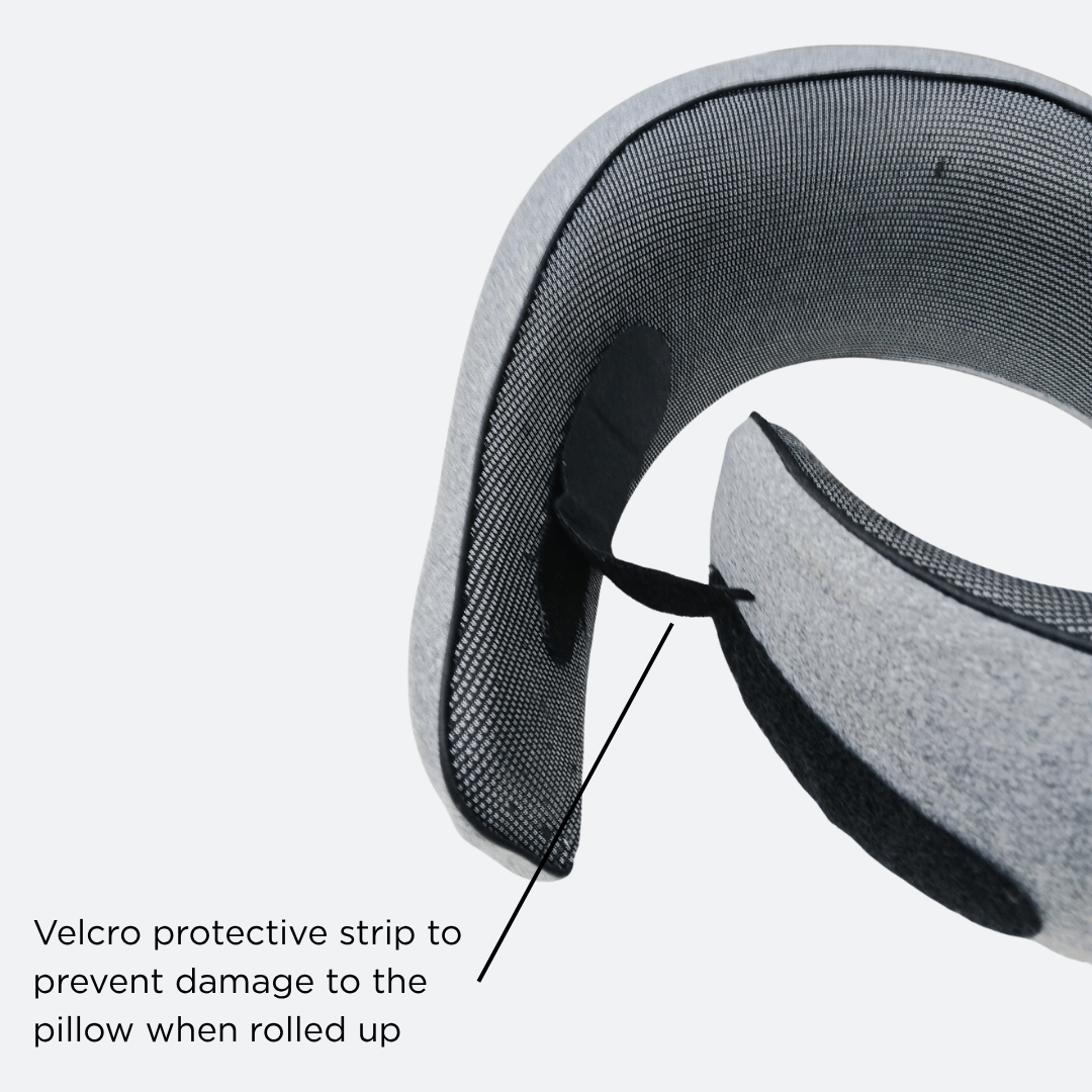 Gray pillow with a Velcro protective strip on a white background