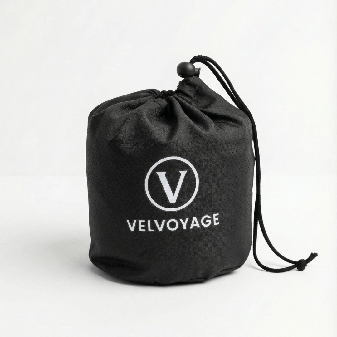 Black drawstring bag with Velvoyage logo on a white background
